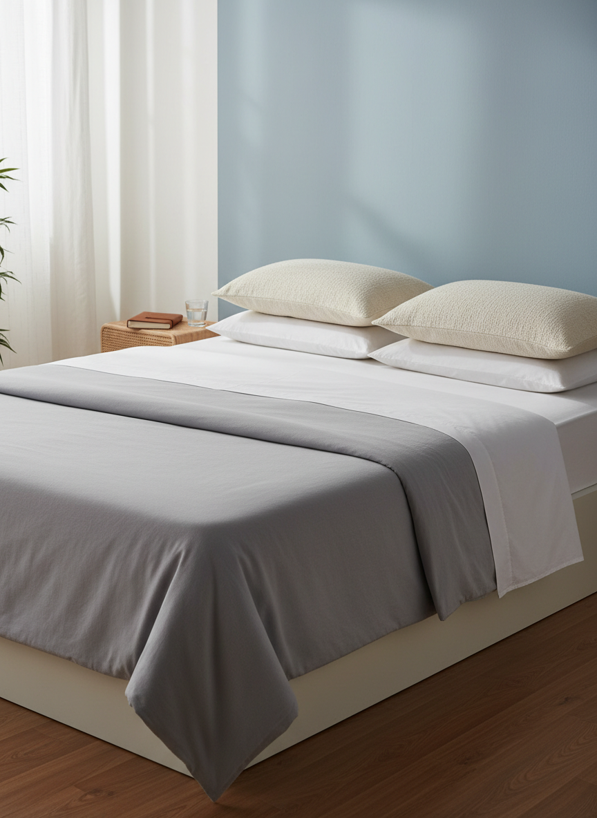 A meticulously made queen-sized bed with crisp white cotton sheets, a soft heather-gray duvet, and two neatly stacked memory foam pillows, each with a subtle textured cover. The bed is positioned against a pale slate-blue wall in a minimalist bedroom, with a small wooden nightstand holding a closed notebook and a glass of water. Gentle, diffused morning light filters through sheer white curtains, casting soft, elongated shadows and a calm glow over the textiles. Photographic realism, shot at eye level with a slight angle toward the headboard, shallow depth of field keeping the bed in sharp focus while the background gently blurs. The atmosphere is serene, professional, and educational, suggesting a perfect sleep environment without any clutter or distractions.