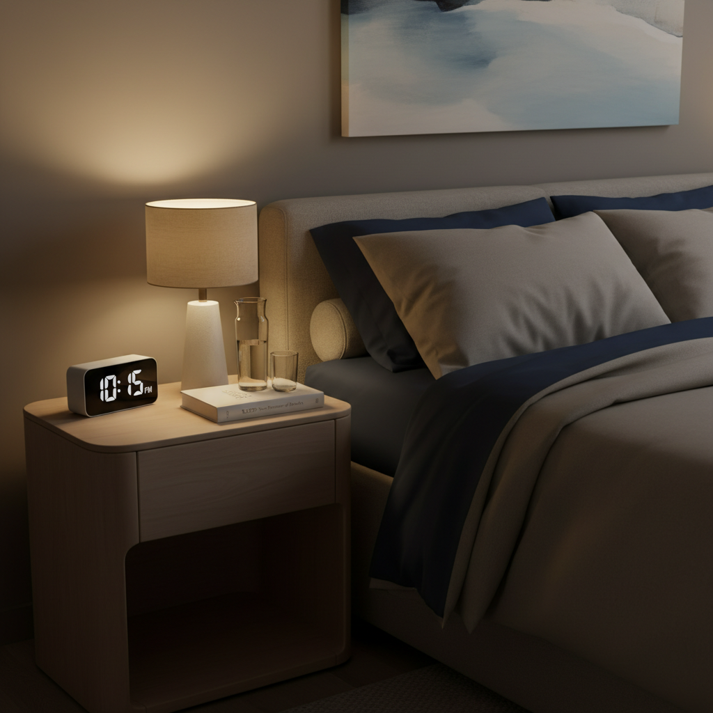 A modern bedside setup featuring a sleek, light-wood nightstand with rounded edges, holding a small digital alarm clock displaying 10:15 PM in soft white numbers, a closed hardcover sleep science book, and a minimalist frosted-glass water carafe with a matching tumbler. The nightstand sits beside a neatly made bed with navy-blue linens in a calm, neutral-toned bedroom. Warm, dimmable bedside lamp light creates a cozy pool of illumination, fading into gentle shadows around the room. Photographic realism, captured from a slightly elevated angle using the rule of thirds, emphasizing the clock and book as focal points. The mood is calm, focused, and informative, ideal for illustrating healthy bedtime routines and technology use before sleep.